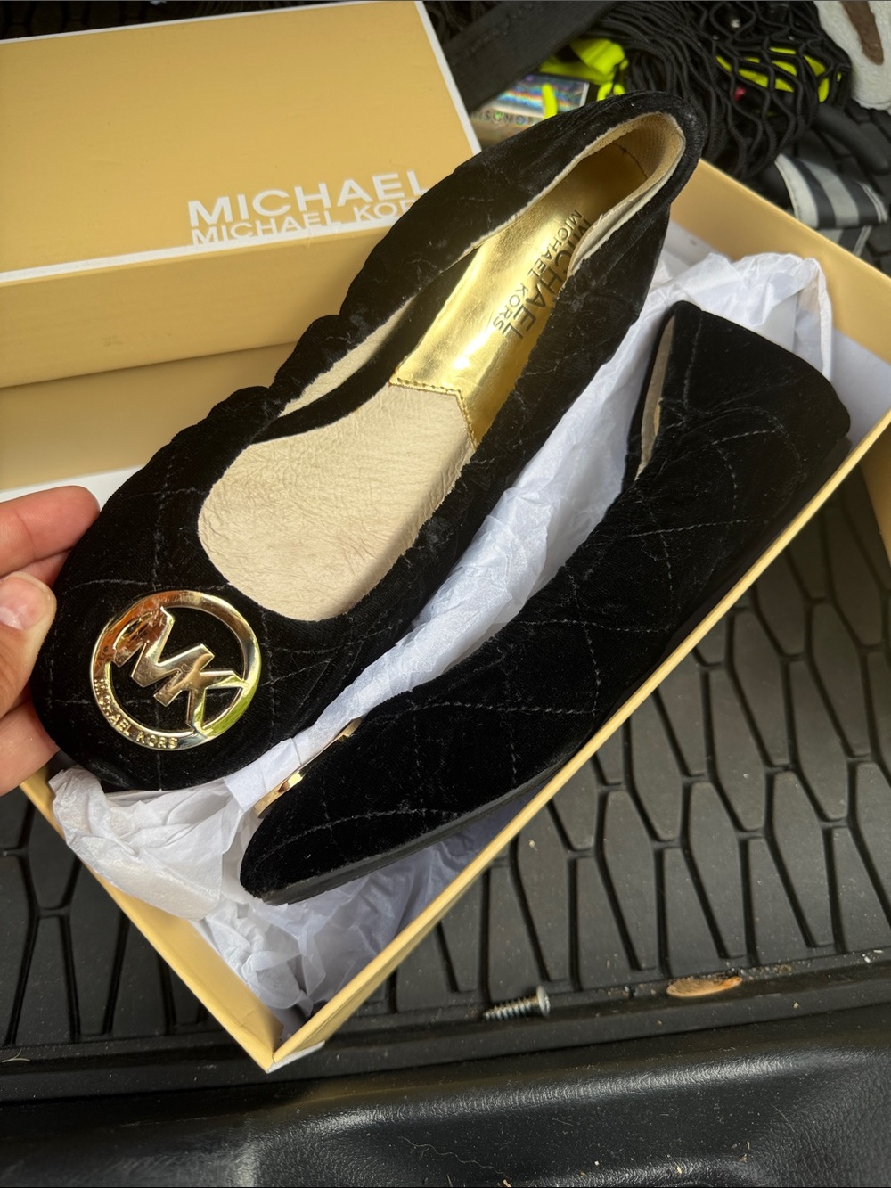 Michael Kors Black Quilted Velvet Ballet Flats with Gold MK Medallion
